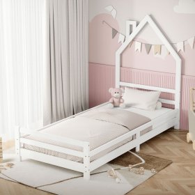 Kinderbett Haus 90x200 cm Weiß Hausbett für Kinder Holzbett mit Lattenrost Schornstein Design ML-Design