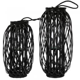 Riedlaterne mit Henkel 2er Set 50cm & 60cm Schwarz Gartenlaterne aus umweltfreundlichem Rattan