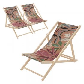 3er Set Gartenliege aus Holz in Floral Braun-Rot-Grün klappbarer Beachstuhl Strandstuhl Strandliege Liegestuhl Sonnenliege Relaxliege
