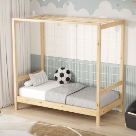Kinderbett Fußballtor 70x140 cm Natur Einzelbett für Kinder Holzbett mit Lattenrost & Tornetz Handballtor ML-Design