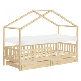 Kinderbett Hausbett 90x200 cm Natur aus Kiefernholz mit Matratze H:10cm, 2 Schubkasten, Rausfallschutz & Lattenrost ML-Design