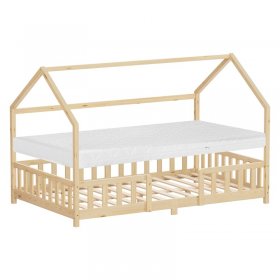 Kinderbett Hausbett 120x200 cm Natur aus Kiefernholz inkl. Matratze H-16cm Rausfallschutz Dach und Lattenrost ML-Design