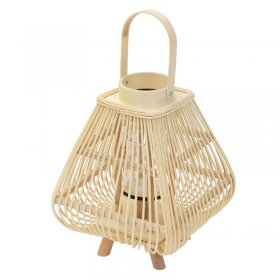 Bambus Laterne, Windlicht H: 45,5 cm Holzfarbe, Boho Gartenlaterne mit Henkel & Glaseinsatz, Flechtoptik Kerzenhalter