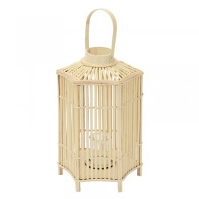 Bambus Laterne, Windlicht H: 60 cm Holzfarbe, Boho Gartenlaterne mit Henkel & Glaseinsatz, Flechtoptik Kerzenhalter