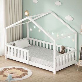Kinderbett Hausbett 80x160 cm Weiß aus Kiefernholz Holzbett mit Rausfallschutz und Lattenrost ML-Design Kinderbett Hausbett 80x160 cm Weiß aus Kiefernholz Holzbett mit Rausfallschutz und Lattenrost ML-Design