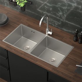 Einbauspüle mit Doppelbecken Silber Küchenspüle mit Ab- und Überlaufgarnitur aus Edelstahl ML-Design