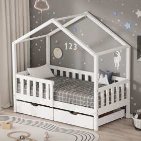 Kinderbett Hausbett mit 2 Schubkasten 70x140 cm Weiß aus Kiefernholz mit Rausfallschutz und Lattenrost ML-Design