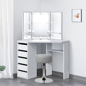Schminktisch Frisiertisch 110x141,5x54 cm in Weiß Ecktisch mit LED-Beleuchtung, Spiegel 3-tlg, 5 Schubladen & Hocker ML-Design Schminktisch Frisiertisch 110x141,5x54 cm in Weiß Ecktisch mit LED-Beleuchtung, Spiegel 3-tlg, 5 Schubladen & Hocker ML-Design