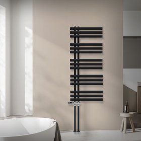 Badheizkörper Mittelanschluss 500x1200 mm Schwarz matt mit Boden Thermostatventil LuxeBath
