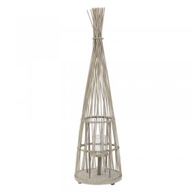 Bambus Laterne, Windlicht H: 110 cm Holzfarbe, Boho Gartenlaterne mit LED-Lichterkette & Glaseinsatz, Flechtoptik Kerzenhalter