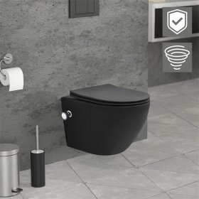Wand-WC Hänge Toilette aus Keramik Matt Schwarz 49 cm lang Spülrandlos mit Bidet, Nanoversiegelung & Softclose Luxebath
