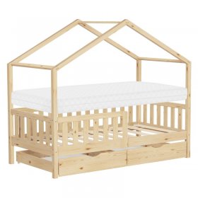 Kinderbett Hausbett 80x160 cm Natur aus Kiefernholz mit Matratze H:10cm, 2 Schubkasten, Rausfallschutz & Lattenrost ML-Design
