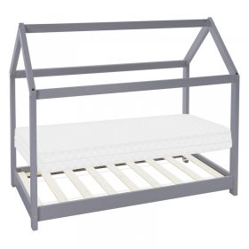 Kinderbett Hausbett 80x160 cm Hellgrau aus Kiefernholz inkl. Matratze H-10cm Holzbett mit Dach und Lattenrost ML-Design