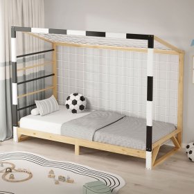 Kinderbett Fußballtor 90x200 cm Holzbett mit Lattenrost Kletterleiter & Tornetz Handballtor aus Kiefernholz ML-Design