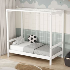 Kinderbett Fußballtor 70x140 cm Weiß Einzelbett für Kinder Holzbett mit Lattenrost & Tornetz Handballtor ML-Design