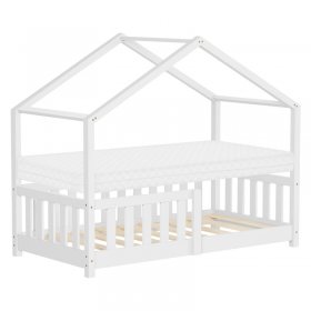 Kinderbett Hausbett 70x140 cm Weiß aus Kiefernholz mit Matratze H:10cm Rausfallschutz und Lattenrost ML-Design