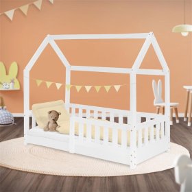 Kinderbett Hausbett 70x140 cm Weiß aus Kiefernholz mit Rausfallschutz Dach und Lattenrost Holzbett ML-Design Kinderbett Hausbett 70x140 cm Weiß aus Kiefernholz mit Rausfallschutz Dach und Lattenrost Holzbett ML-Design