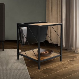 Beistelltisch 43x48 cm mit Zeitschriftenfach Eiche Optik Braun Schwarz mit Stahlgestell Wohnzimmertisch ML-Design