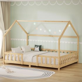 Kinderbett Hausbett 140x200 cm aus Kiefernholz Natur mit Rausfallschutz Dach und Lattenrost Holzbett ML-Design Kinderbett Hausbett 140x200 cm aus Kiefernholz Natur mit Rausfallschutz Dach und Lattenrost Holzbett ML-Design