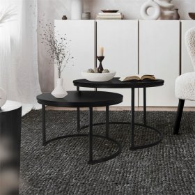 Couchtisch 2er Set Rund Schwarz matt aus MDF und Metall ML-Design