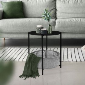 Beistelltisch rund Ø 46x51 cm Schwarz aus Metall inkl. Tablett und Stoffkorb ML-Design