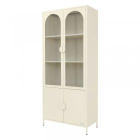 Vitrinenschrank 80x185x40 cm Creme mit 4 Ablage-/Regalfächer & 4 Türen Vitrine aus Stahl ML-Design