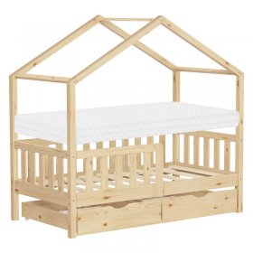 Kinderbett Hausbett 70x140 cm Natur aus Kiefernholz mit Matratze H:10cm, 2 Schubkasten, Rausfallschutz & Lattenrost ML-Design