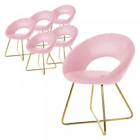 6er Set Esszimmerstuhl mit runder offener Rückenlehne Rosa aus Samt mit goldenen Metallbeinen ML-Design