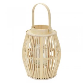 Bambus Laterne, Windlicht H: 44 cm Holzfarbe, Boho Gartenlaterne mit Henkel & Glaseinsatz, Flechtoptik Kerzenhalter