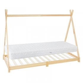 Kinderbett Tipi 90x200 cm aus Kiefernholz inkl. Matratze H-16cm Holzbett mit Lattenrost ML-Design