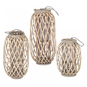 Riedlaterne mit Henkel 3er Set 40cm 50cm & 60cm Natur Gartenlaterne aus umweltfreundlichem Rattan