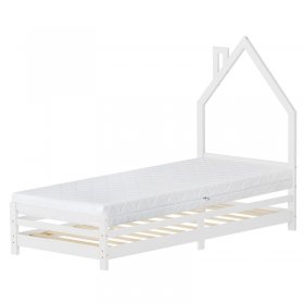 Kinderbett Haus 90x200 cm Weiß mit Matratze H:16cm Holzbett für Kinder mit Lattenrost Schornstein Design ML-Design Kinderbett Haus 90x200 cm Weiß mit Matratze H:16cm Holzbett für Kinder mit Lattenrost Schornstein Design ML-Design