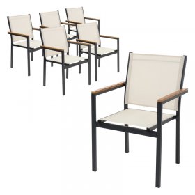 Gartenstühle 6er Set mit Armlehnen Beige aus Textilene, Balkonstuhl mit Aluminiumgestell ML-Design
