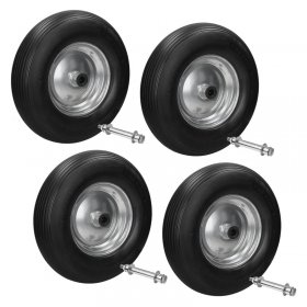 4er Set Schubkarrenrad 390 mm 4.80/4.00-8 mit Achse Linienprofil Schwarz aus PU Vollgummi