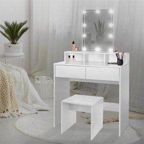 Schminktisch Frisiertisch 80x40x140 cm in Weiß mit LED-Beleuchtung, Spiegel, 2 Schubladen & Hocker ML-Design