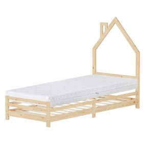Kinderbett Haus 90x200 cm Natur mit Matratze H:16cm Holzbett für Kinder mit Lattenrost Schornstein Design ML-Design