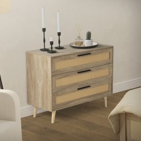 Kommode Sideboard mit 3 Schubladen 100x77x40 cm Eiche-Optik mit Rattanfront und Massivholzfüßen ML-Design