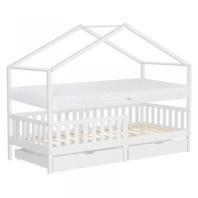 Kinderbett Hausbett 90x200 cm Weiß aus Kiefernholz mit Matratze H:16cm, 2 Schubkasten, Rausfallschutz & Lattenrost ML-Design