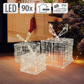 LED Geschenkboxen 3er Set mit 90 LEDs Warmweiß Metallgestell IP44 mit Netzstecker