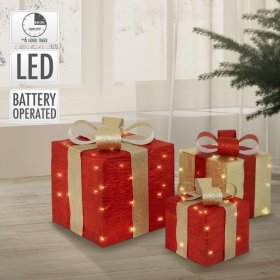 3er Set LED Deko Geschenkbox mit 90 warmweißen LEDs Rot Gold Drahtgestell batteriebetrieben mit Timer 3er Set LED Deko Geschenkbox mit 90 warmweißen LEDs Rot Gold Drahtgestell batteriebetrieben mit Timer