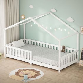 Kinderbett Hausbett 90x200 cm Weiß aus Kiefernholz Holzbett mit Rausfallschutz und Lattenrost ML-Design Kinderbett Hausbett 90x200 cm Weiß aus Kiefernholz Holzbett mit Rausfallschutz und Lattenrost ML-Design