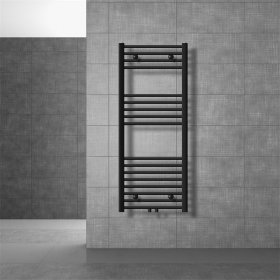 Badheizkörper mit Mittelanschluss 500x1200 mm Schwarz matt gebogen mit Universale Anschlussgarnitur LuxeBath Badheizkörper mit Mittelanschluss 500x1200 mm Schwarz matt gebogen mit Universale Anschlussgarnitur LuxeBath