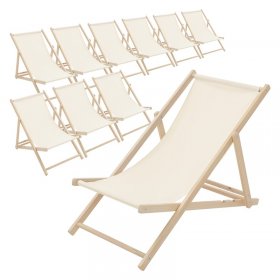 10er Set Liegestuhl klappbar Beige Holz verstellbare Rückenlehne bis 120 kg Sonnenliege Gartenliege Strandliege