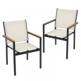 Gartenstühle 2er Set mit Armlehnen Beige aus Textilene, Balkonstuhl mit Aluminiumgestell ML-Design