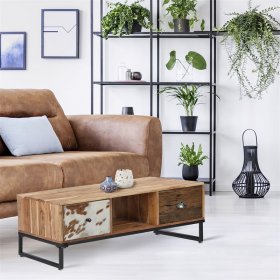 TV-Lowboard mit zwei Schubladen 110x50x40 cm aus Akazien- und Schwellenholz mit Metallbeine WOMO-Design