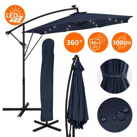 Ampelschirm Ø 300 cm mit LED Solar, Navy-Blau 360° Alu Sonnenschirm mit Kurbel, Abdeckung & Ständer ML-Design