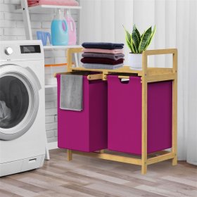Wäschekorb Wäschesammler aus Bambus mit zwei Fächern in Magenta 2x30 Liter ML-Design