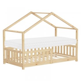 Kinderbett Hausbett 80x160 cm Natur aus Kiefernholz mit Matratze H:10cm Rausfallschutz und Lattenrost ML-Design