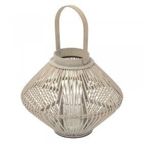 Bambus Laterne, Windlicht H: 44 cm Holzfarbe, Boho Gartenlaterne mit Henkel & Glaseinsatz, Flechtoptik Kerzenhalter
