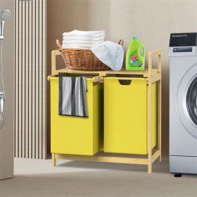 Wäschekorb Wäschesammler aus Bambus mit zwei Fächern in Gelb 2x30 Liter ML-Design